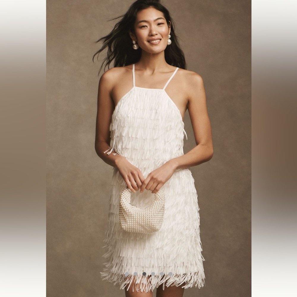 NWT Tadashi Shoji - Anthropologie Fringe Halter White Dress Size 6